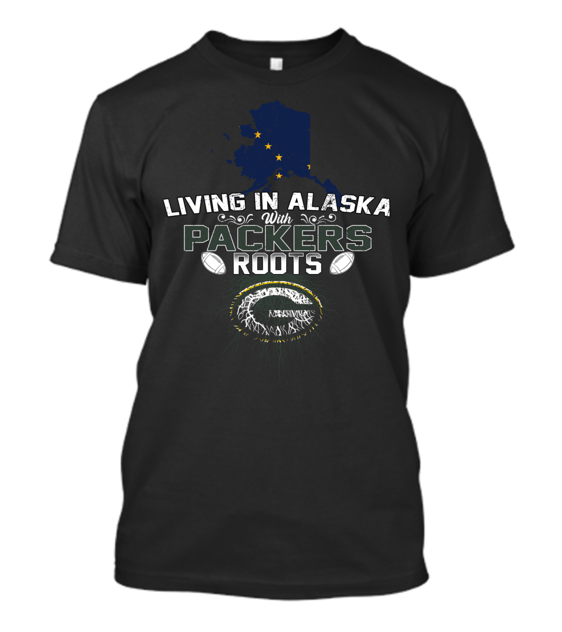 Living In Alaska With Green Bay Packers Roots Alaska Map And Football T-Shirt