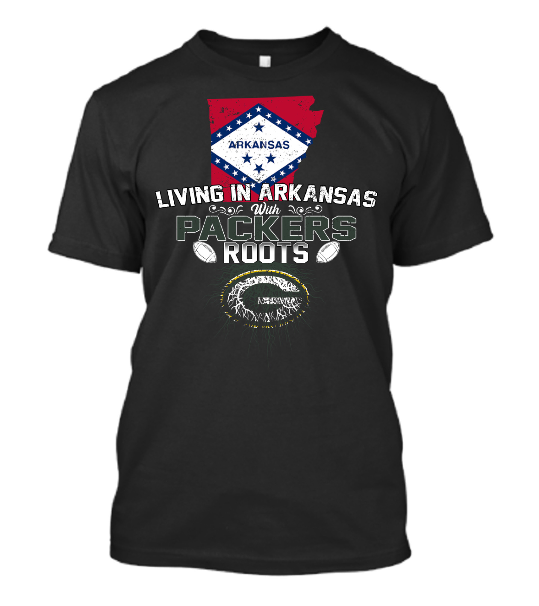 Living In Arkansas Arkansas Flag With Packers Roots Football Graphics T-Shirt