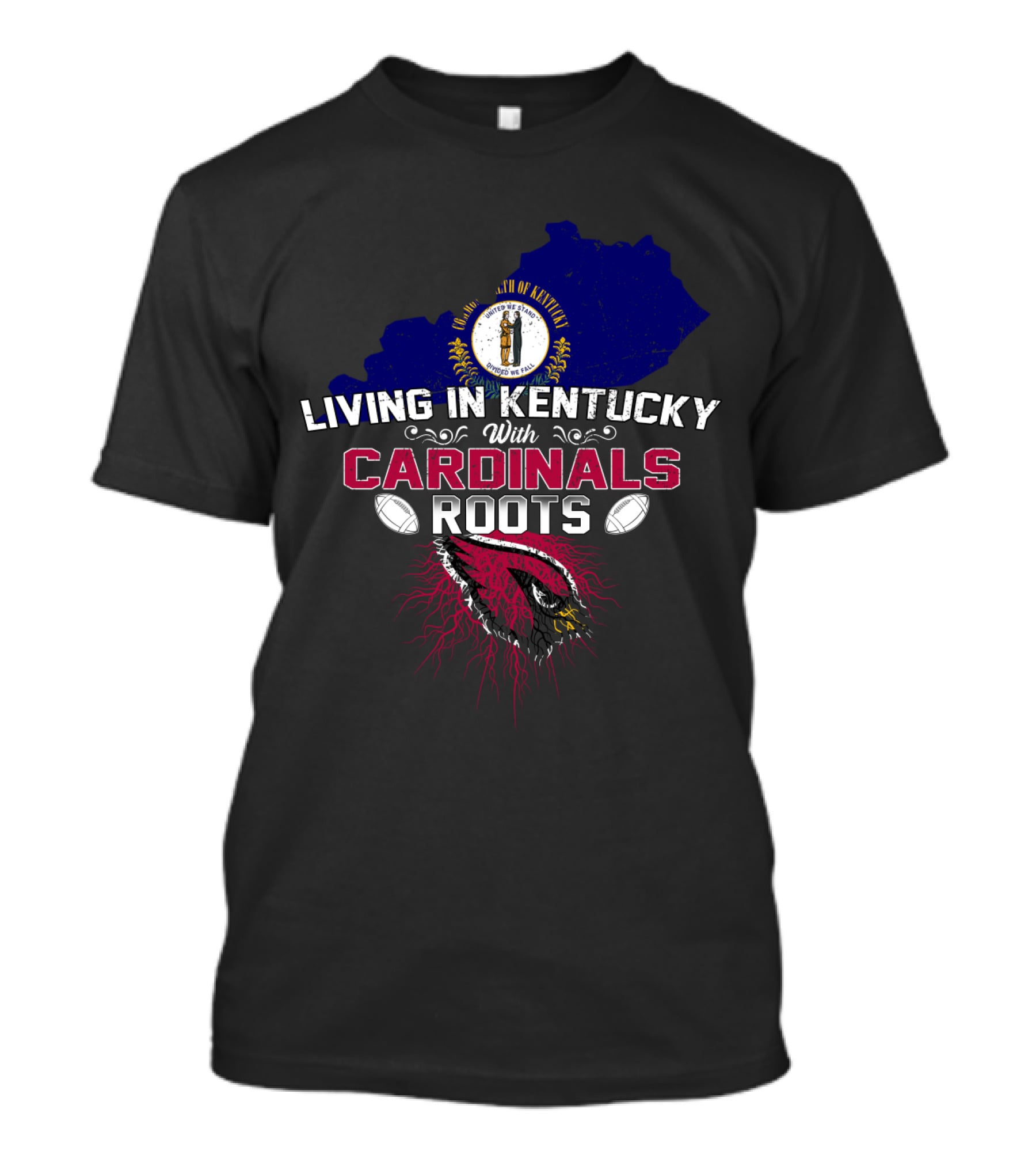 Living In Kentucky With Cardinals Roots Kentucky State Map Crest Football Helmet T-Shirt