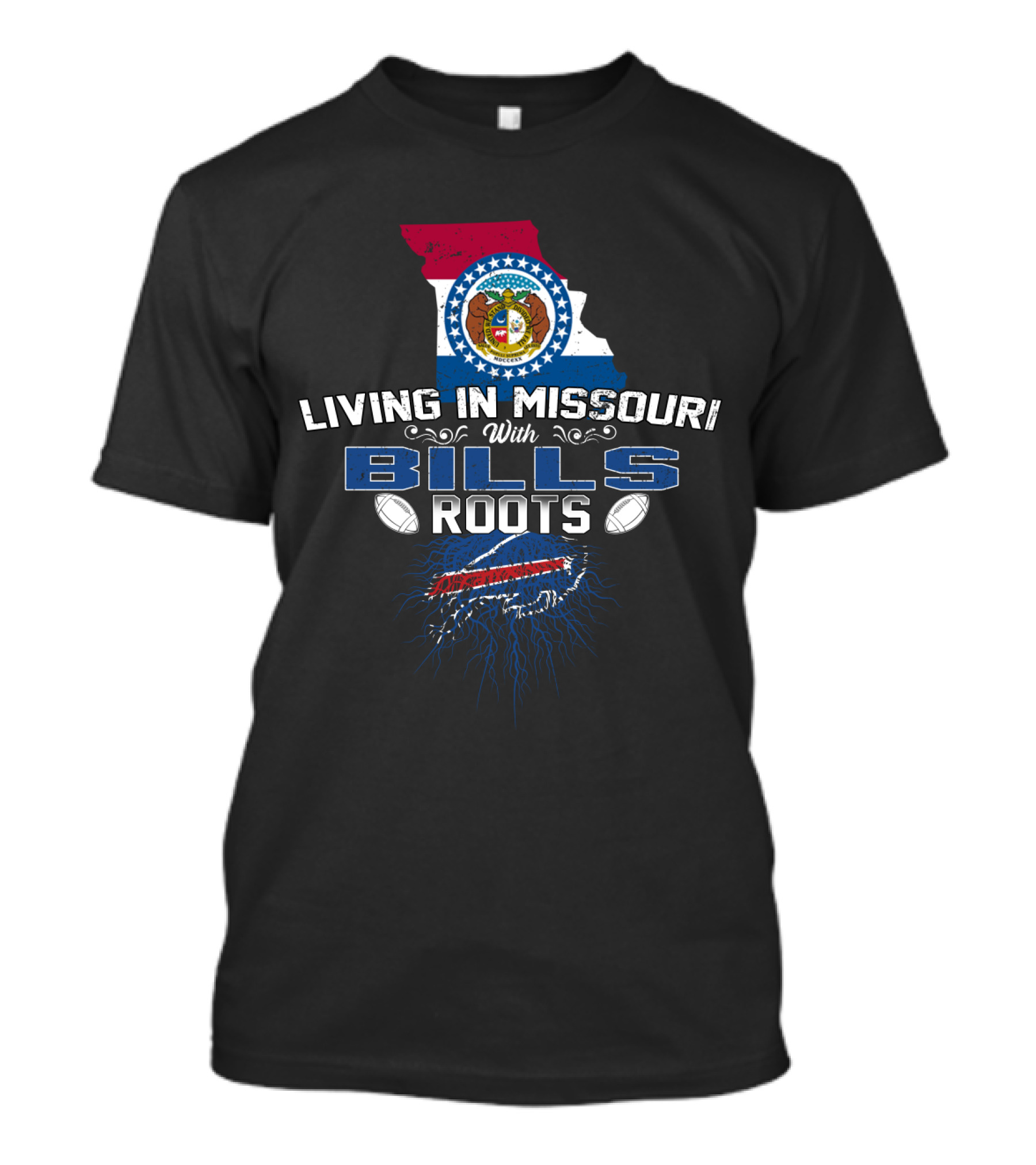 Living In Missouri With Bills Roots Featuring Missouri Flag And Football Elements T-Shirt