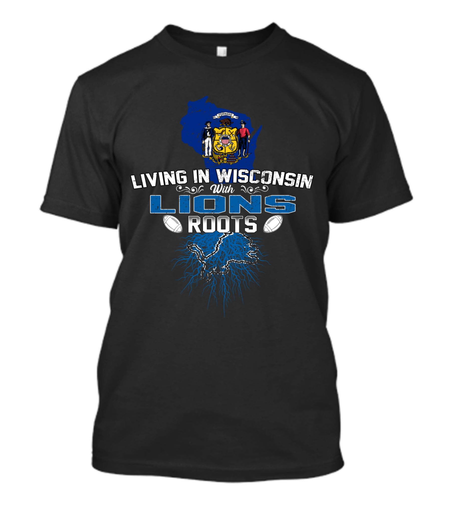 Lions Roots With Wisconsin State Background Wisconsin Crest Football T-Shirt