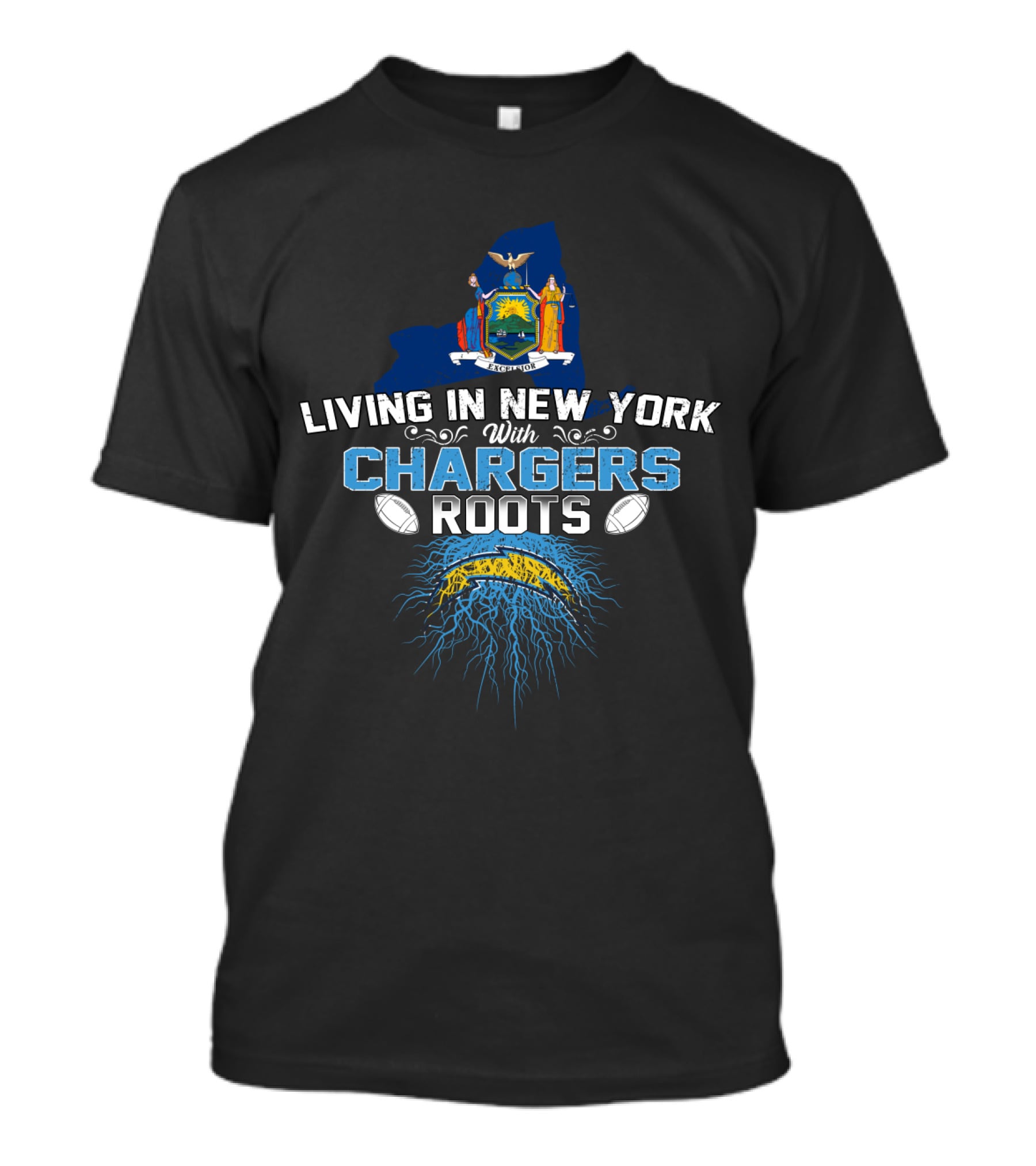 Living In New York With Chargers Roots New York State Coat Of Arms American Football T-Shirt