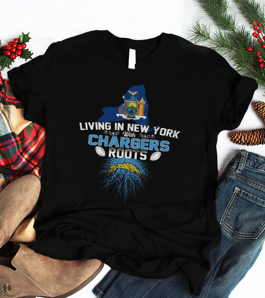 Living In New York With Chargers Roots New York State Coat Of Arms American Football T-Shirt