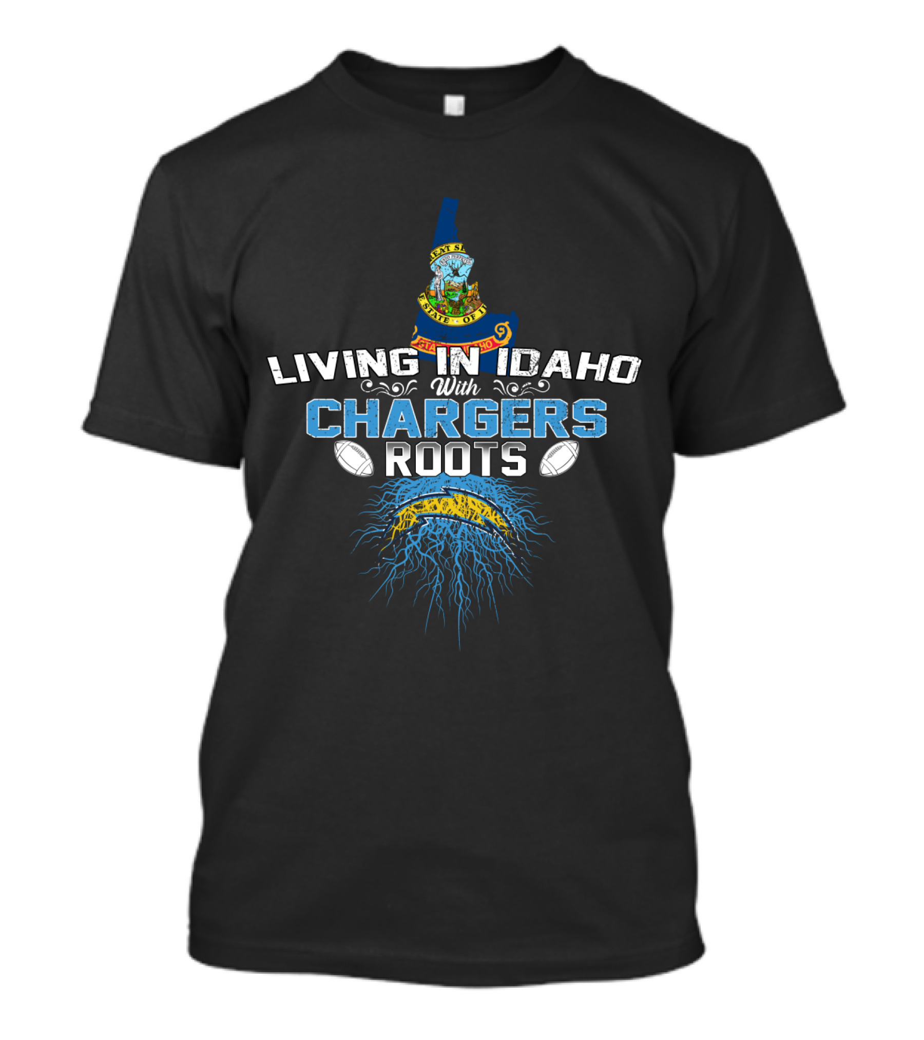LIVING IN IDAHO WITH CHARGERS ROOTS Idaho State Symbol Football T-Shirt