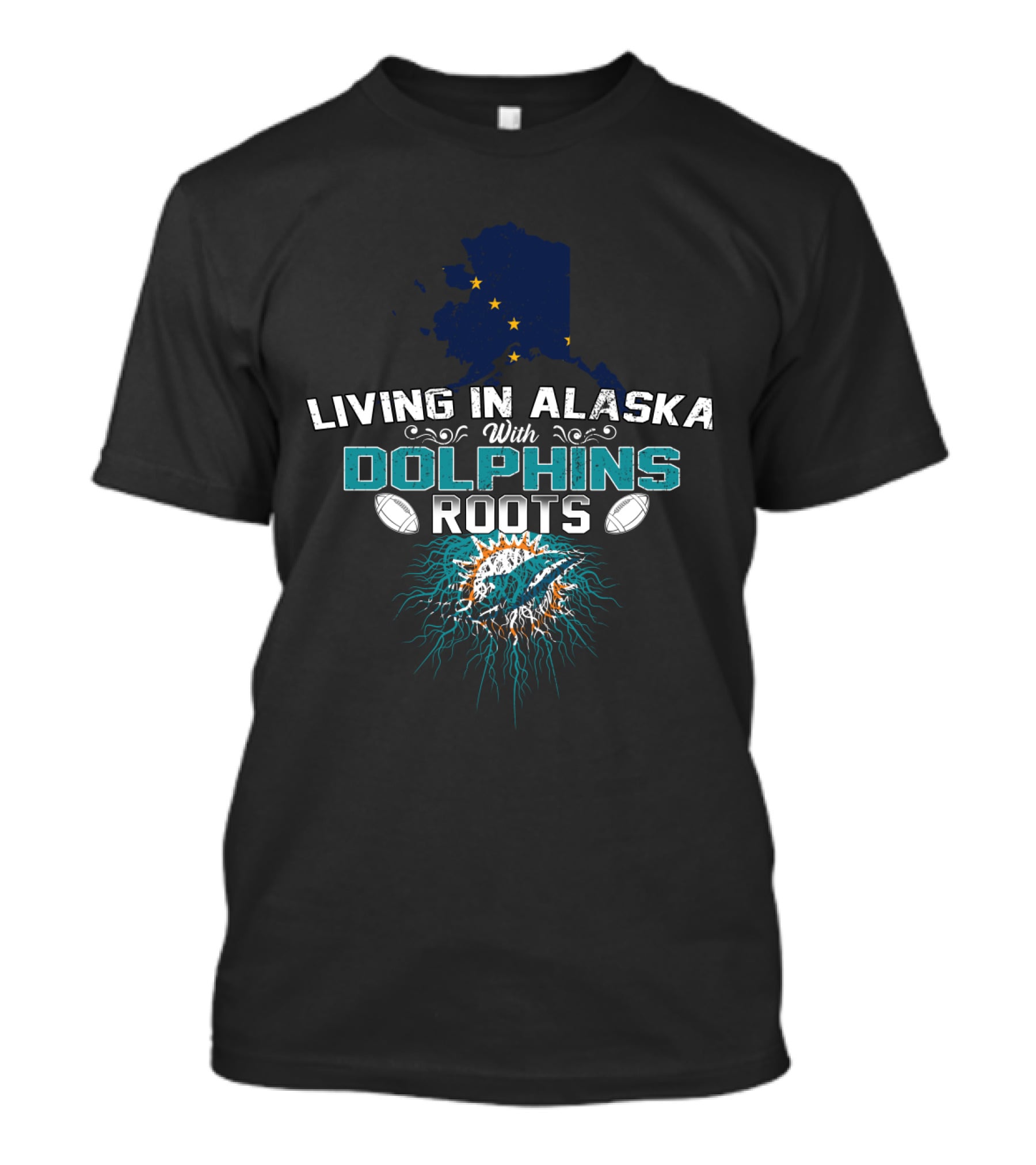 Living In Alaska With Dolphins Roots And Miami Football Elements T-Shirt