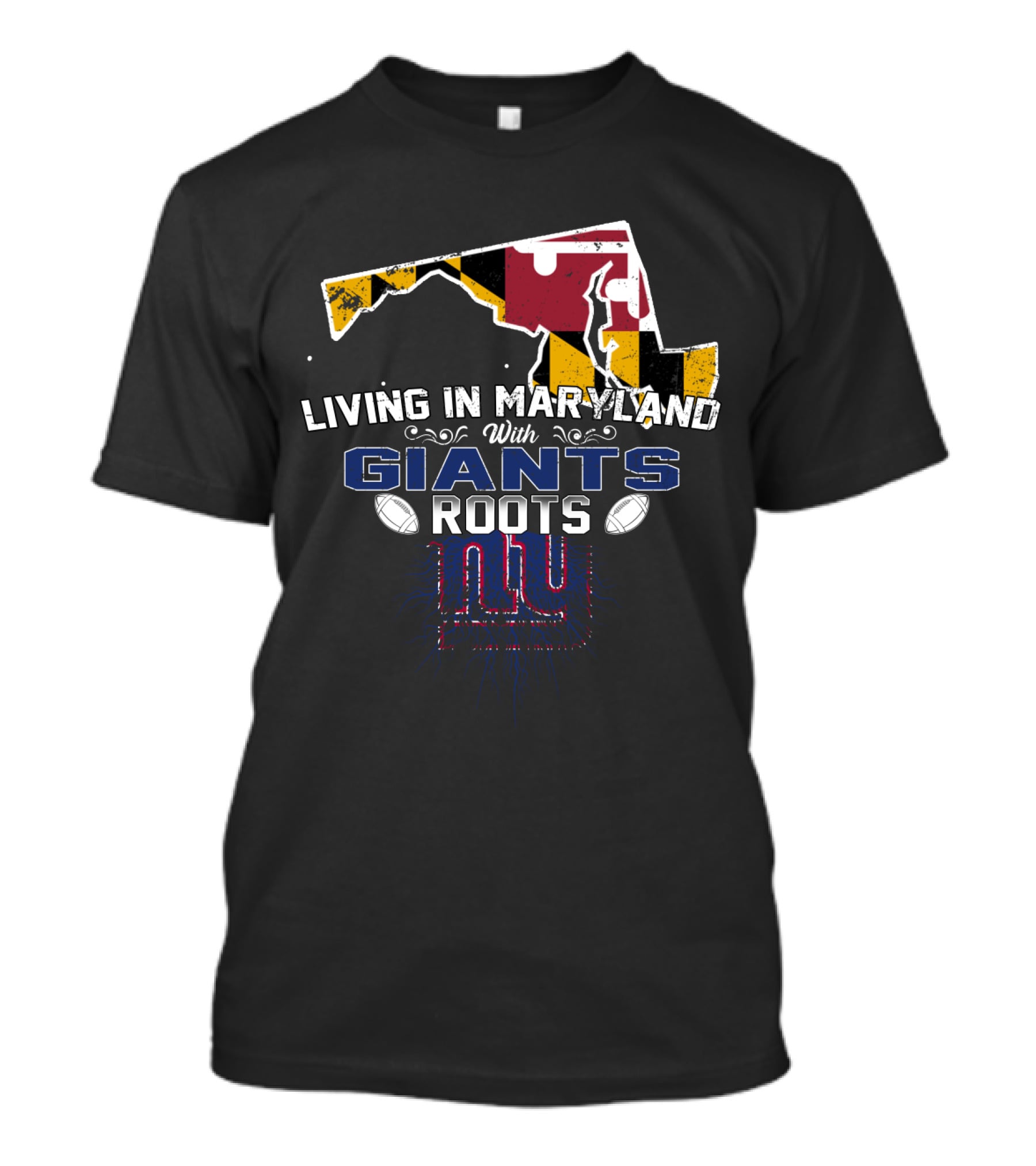 Living In Maryland With New York Giants Roots Maryland Flag Map T-Shirt