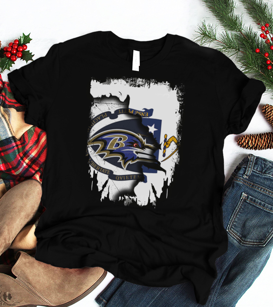 Massachusetts Flag Rip With Baltimore Ravens T-Shirt