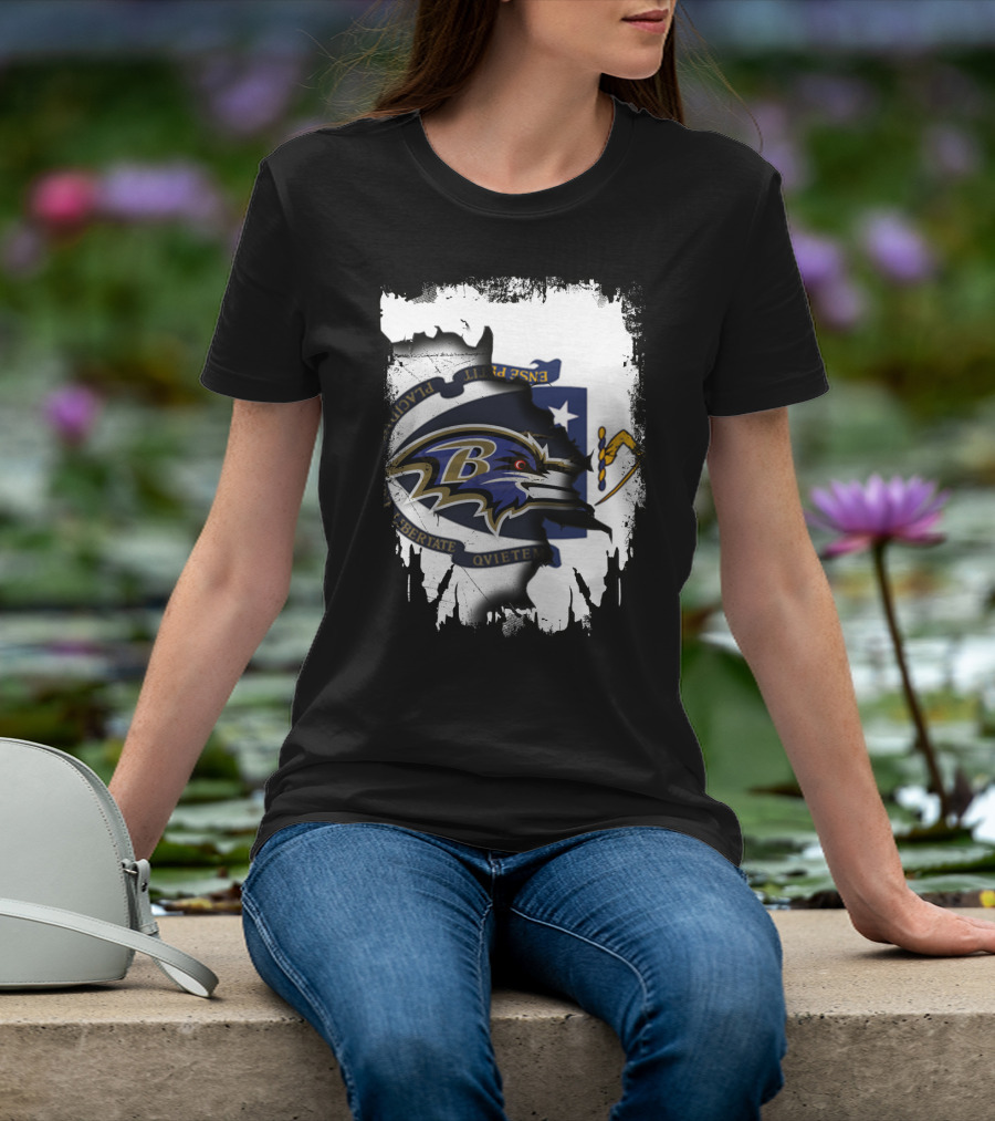 Massachusetts Flag Rip With Baltimore Ravens T-Shirt