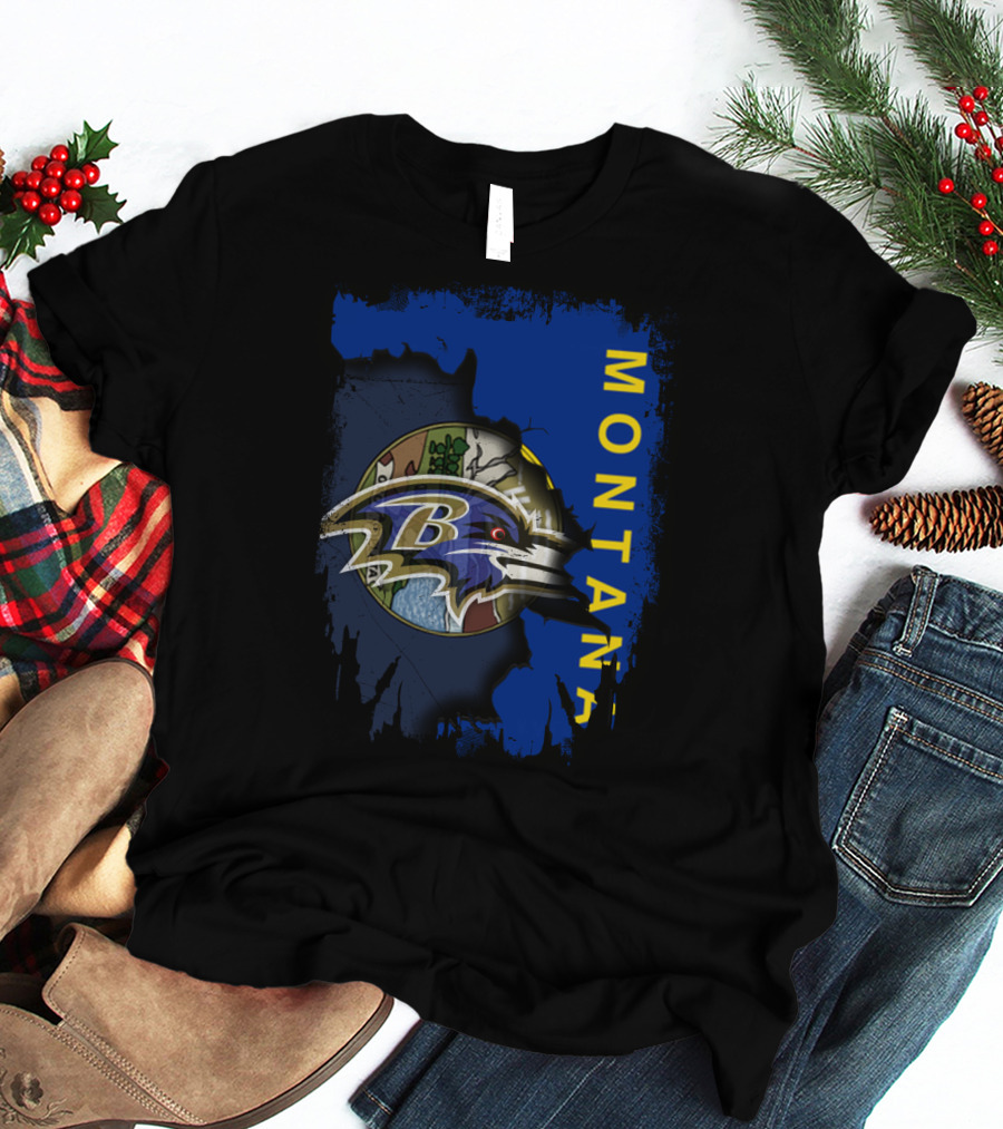 Montana With Baltimore Ravens Logo And Nature Scene T-Shirt