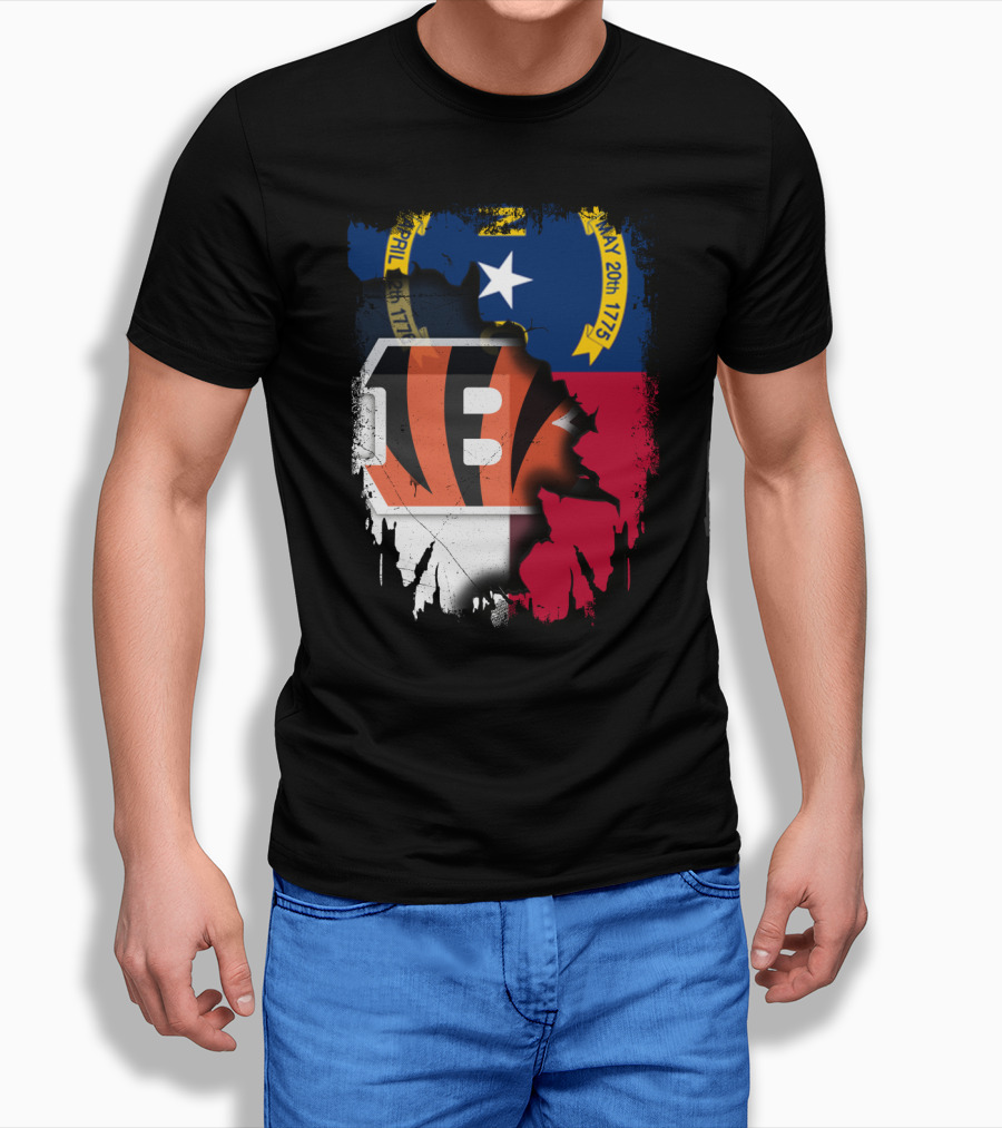 North Carolina State Flag Blended With Bengals Team T-Shirt