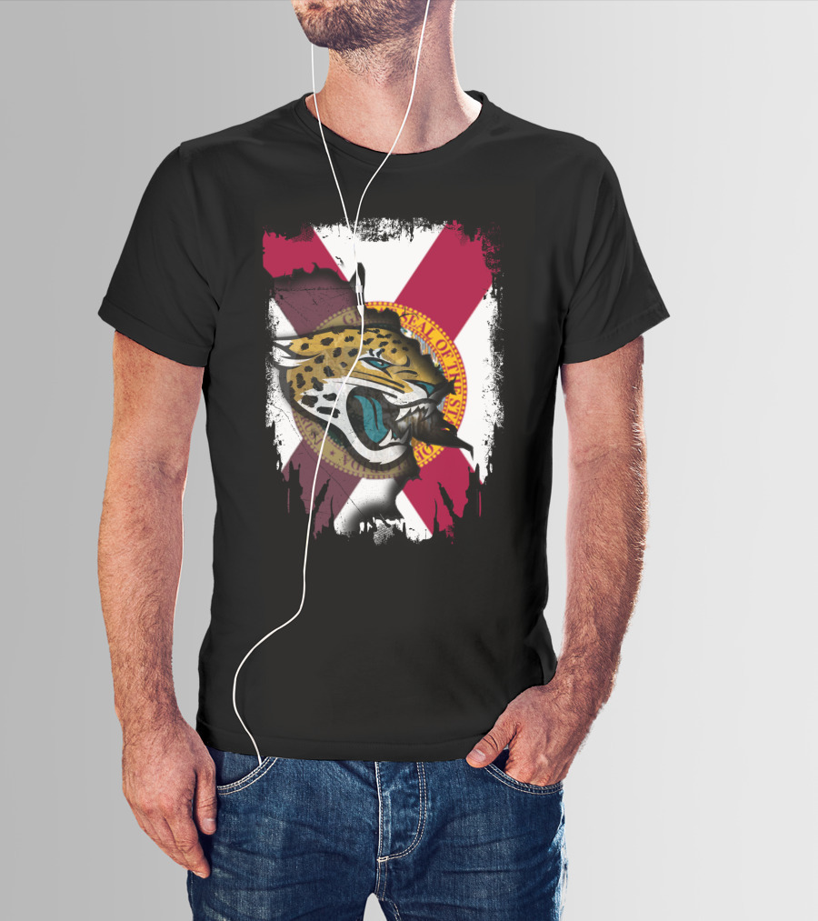 Florida State Flag With Jaguars Roaring Emblem Together T-Shirt