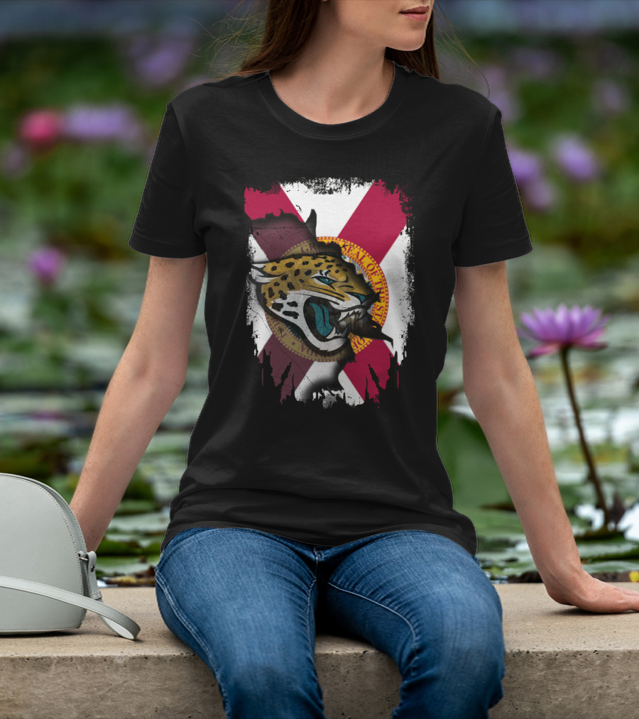Florida State Flag With Jaguars Roaring Emblem Together T-Shirt