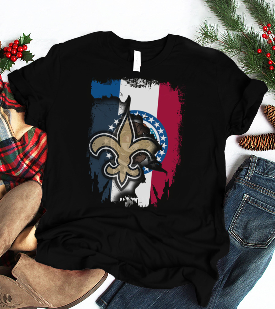 Missouri Flag With New Orleans Saints Fleur-de-Lis T-Shirt