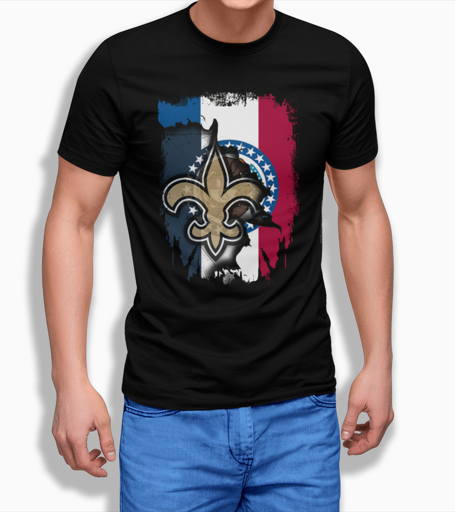 Missouri Flag With New Orleans Saints Fleur-de-Lis T-Shirt