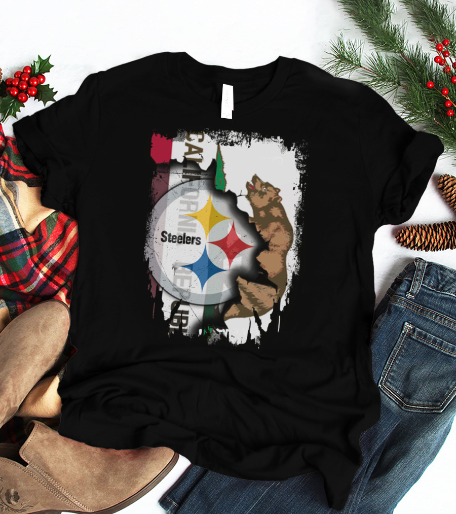 California Bear With Steelers Logo Fusion T-Shirt