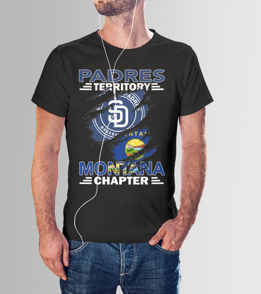 Padres Territory Montana Chapter SD Baseball Logo And Montana Flag Burst T-Shirt