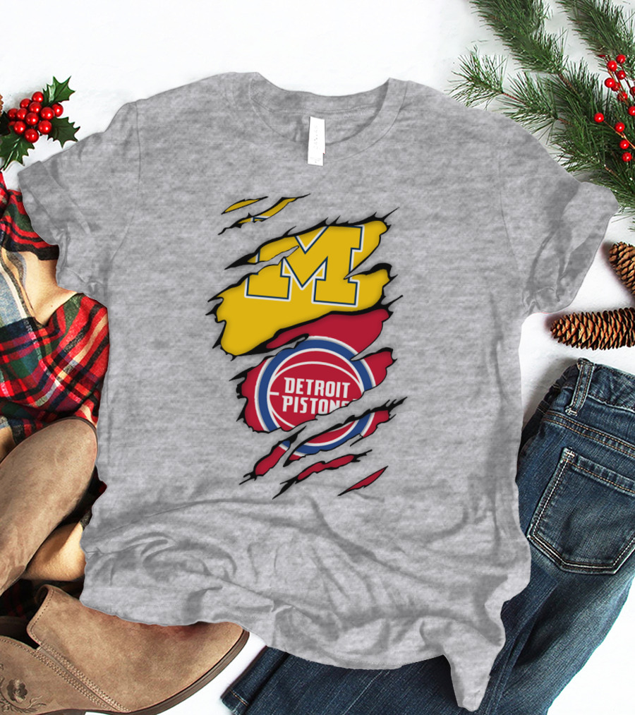 Detroit Pistons Michigan Wolverines Team Logo Mashup T-Shirt