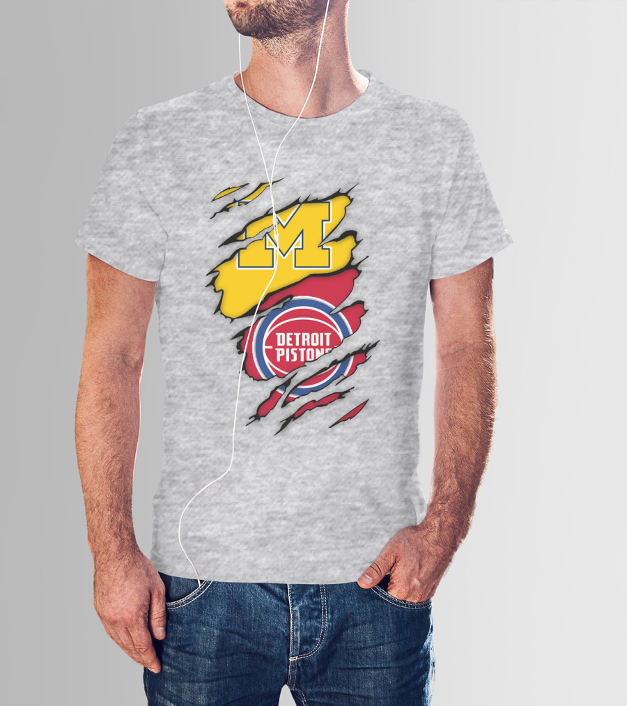Detroit Pistons Michigan Wolverines Team Logo Mashup T-Shirt