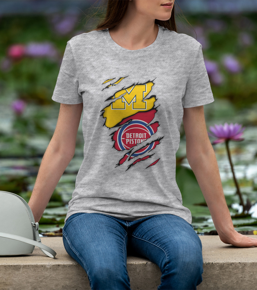 Detroit Pistons Michigan Wolverines Team Logo Mashup T-Shirt