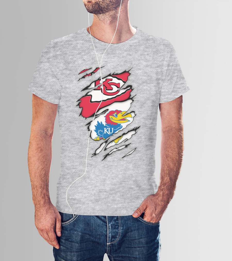 Kansas City Chiefs And Ku Jayhawks Logos Torn T-Shirt