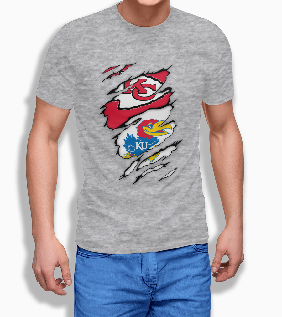 Kansas City Chiefs And Ku Jayhawks Logos Torn T-Shirt