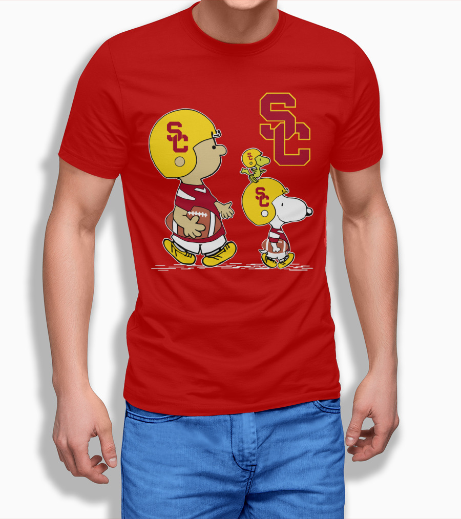 USC Trojans Peanuts Characters Football Theme with SC Helmets T-Shirt