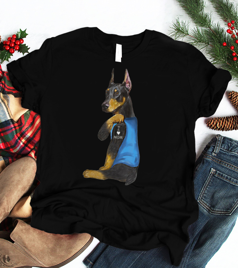 Doberman I Love Mom Tattoo With Blue Vest T-Shirt