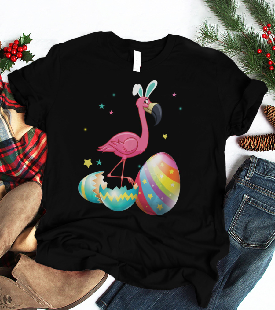 Flamingo Bunny Ears With Colorful Easter Eggs And Stars T-Shirt