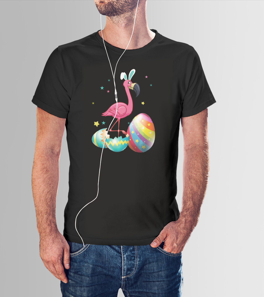 Flamingo Bunny Ears With Colorful Easter Eggs And Stars T-Shirt