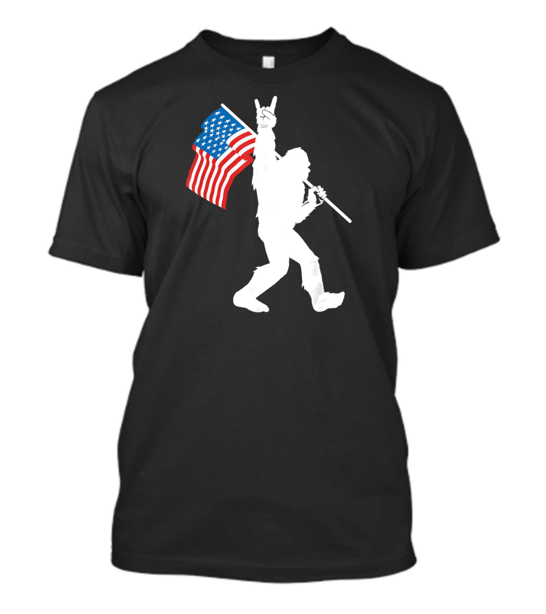 Bigfoot Rock Roll USA Flag Sasquatch Rock And Roll Gesture T-Shirt