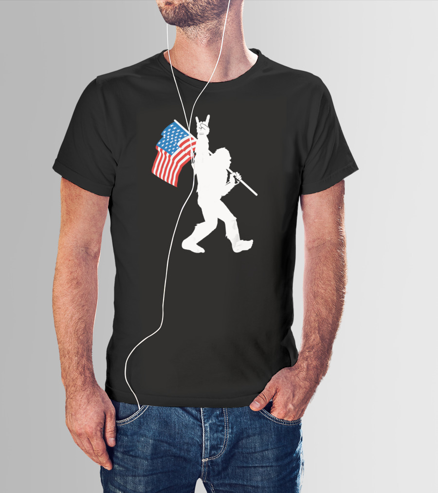 Bigfoot Rock Roll USA Flag Sasquatch Rock And Roll Gesture T-Shirt