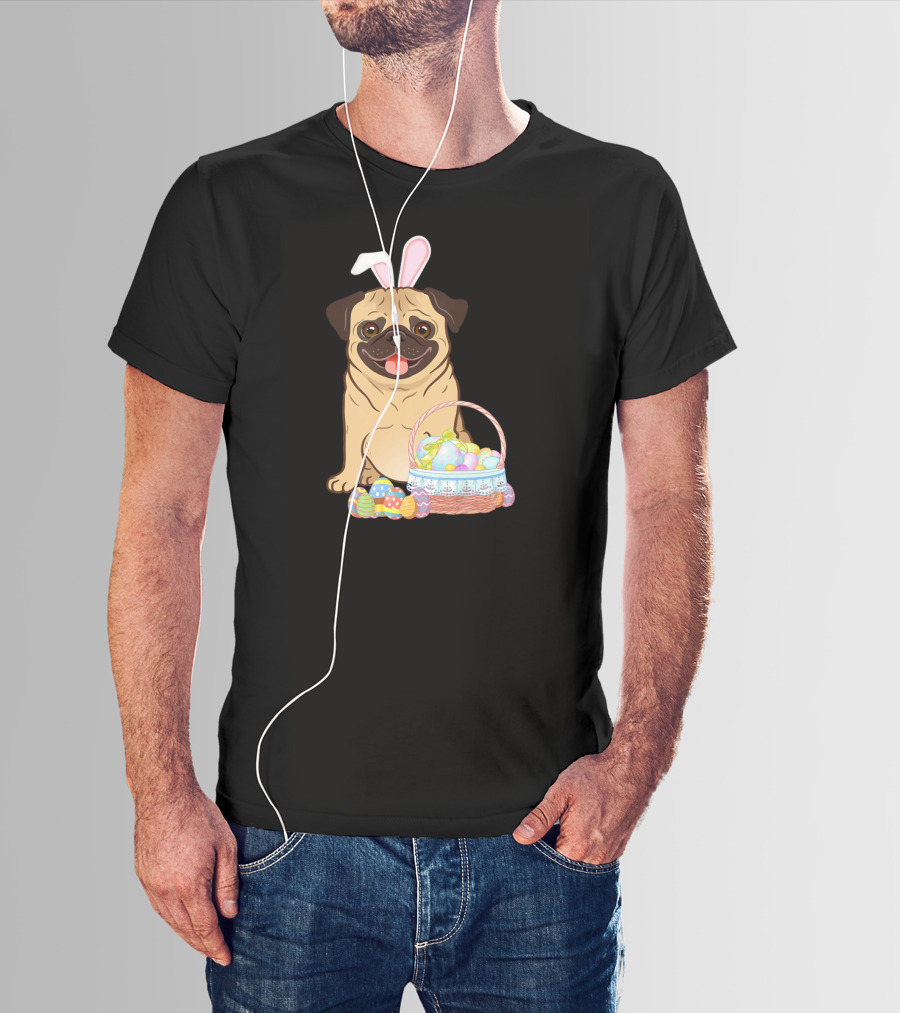 Pug Wearing Bunny Ears With Easter Egg Basket T-Shirt