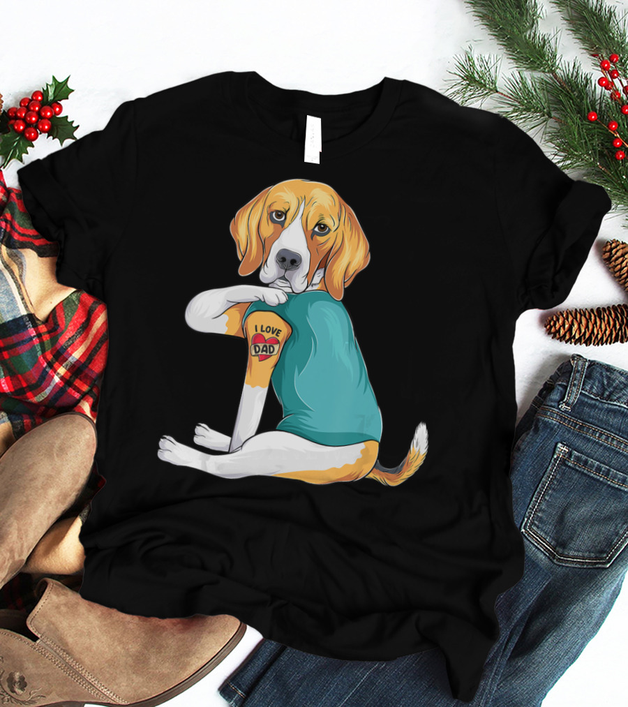 Father's Day Beagle I Love Dad Tattoo Dog Wearing T-Shirt