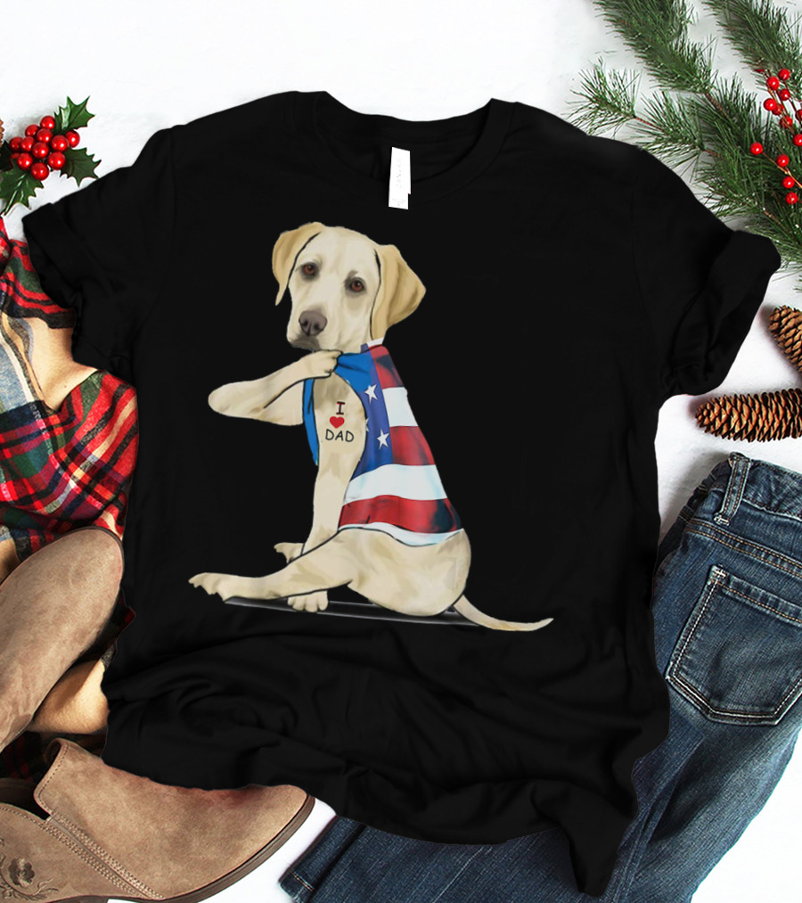 Labrador Retriever I Love Dad American Flag Dog Tattoo T-Shirt