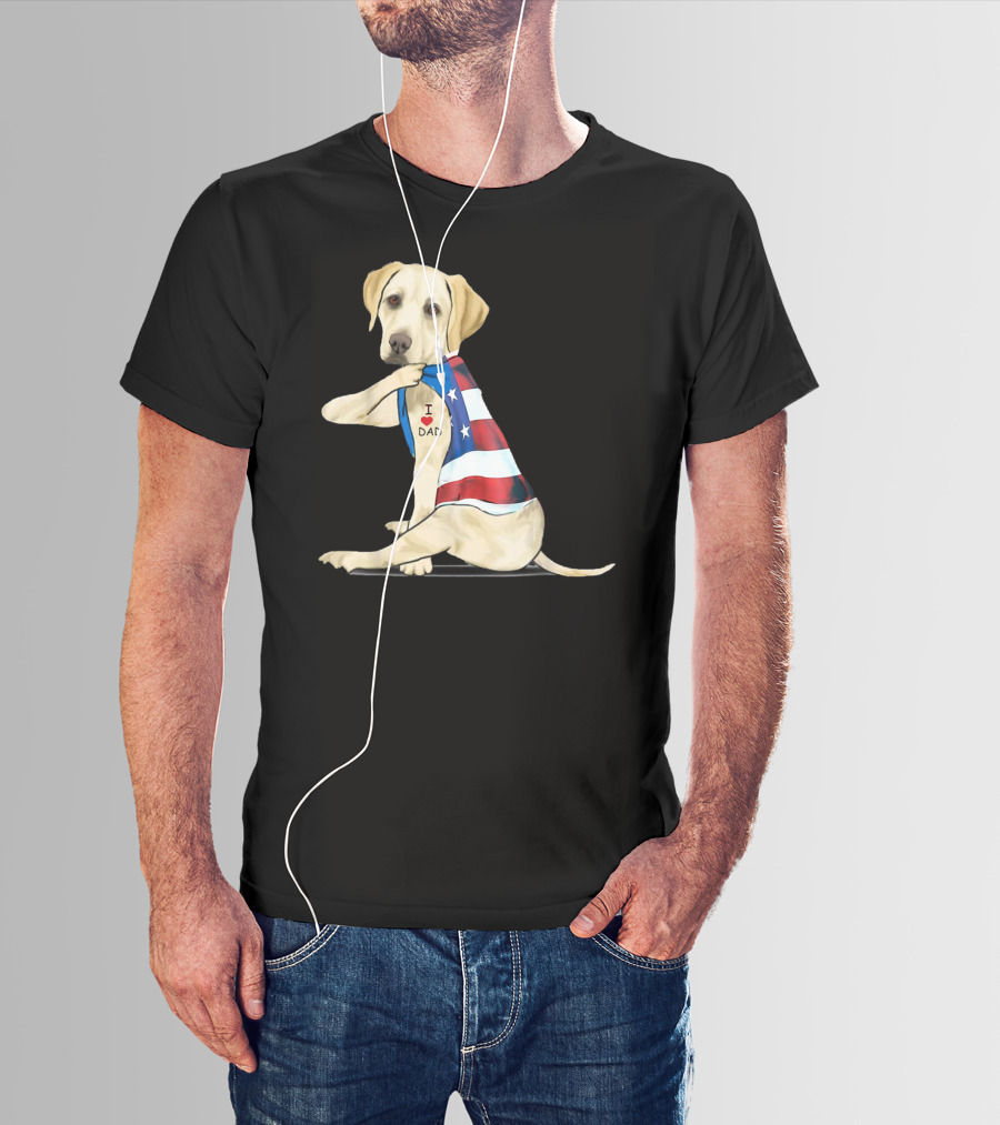Labrador Retriever I Love Dad American Flag Dog Tattoo T-Shirt
