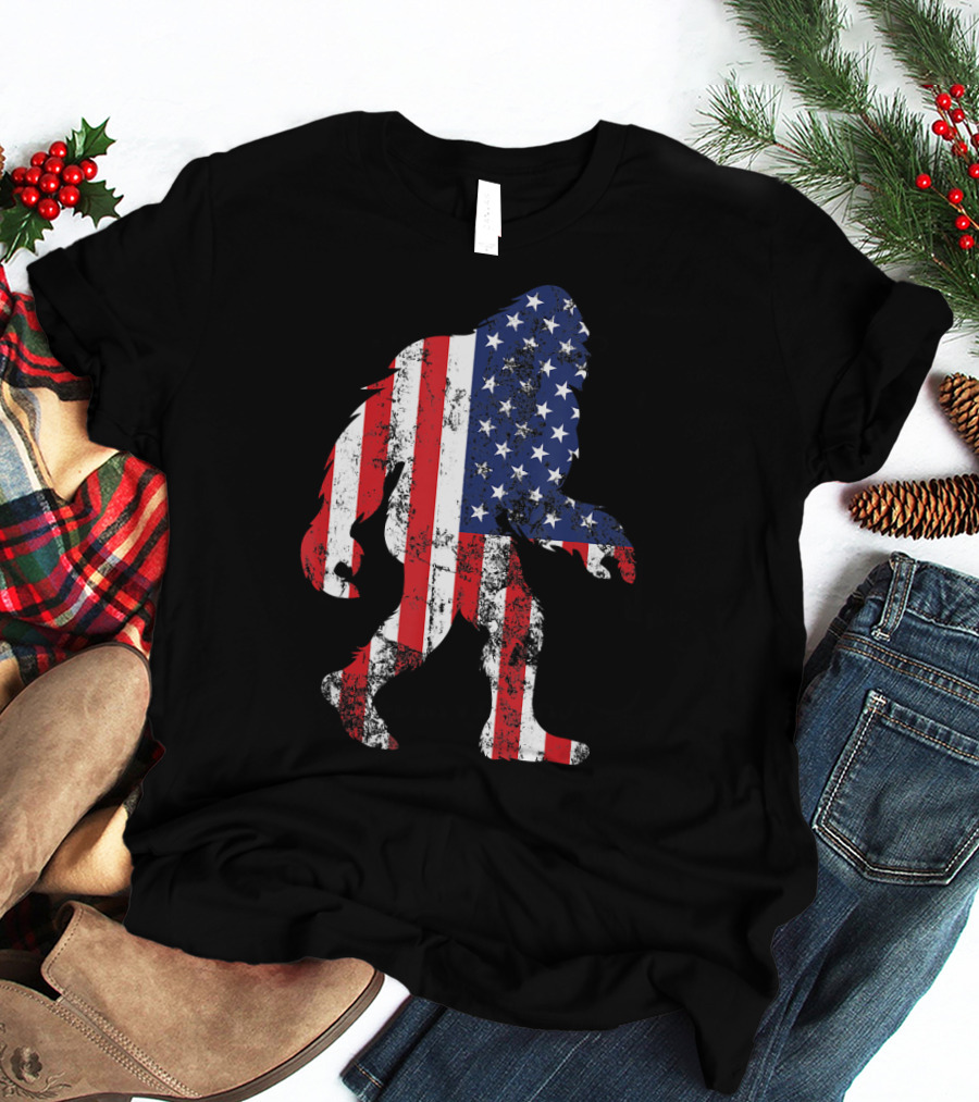 Patriotic Bigfoot Silhouette With American Flag Colors T-Shirt