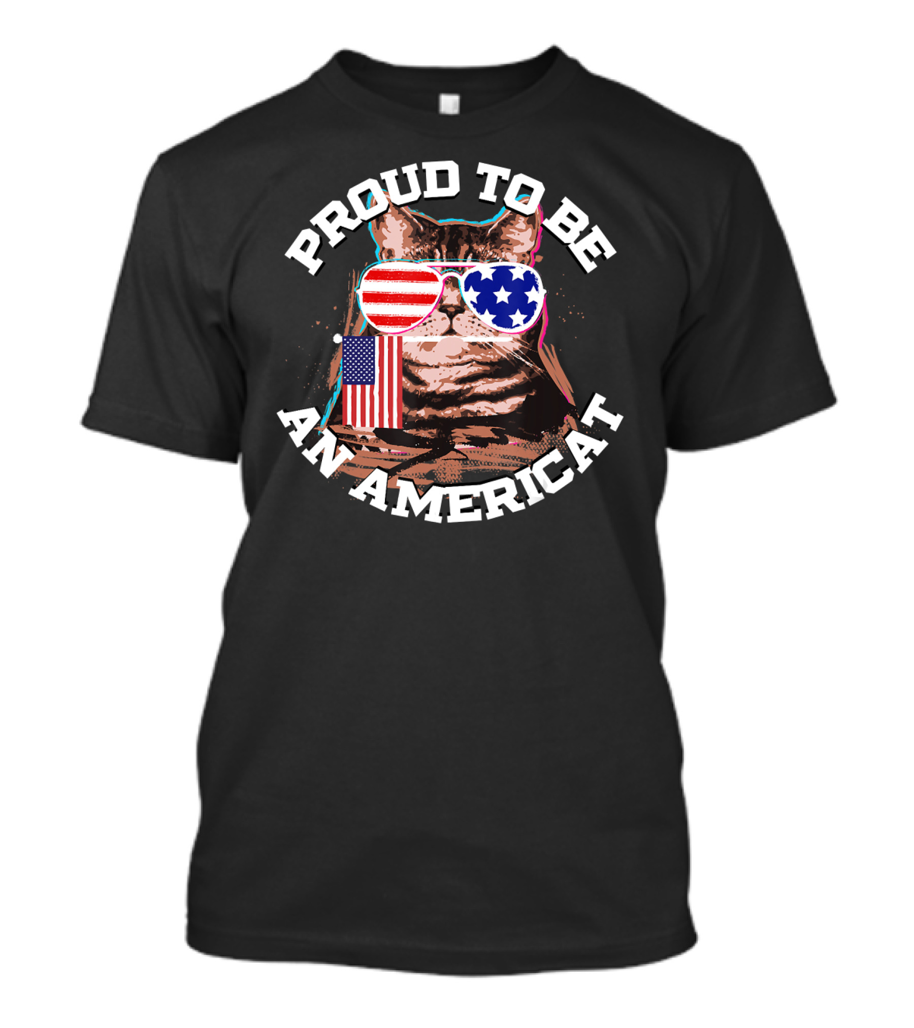Proud To Be An Americat Cat US Flag Sunglasses T-Shirt