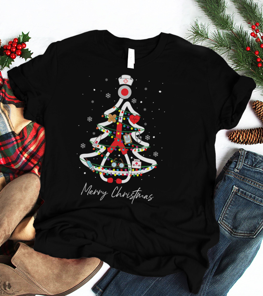 Merry Christmas Nurse Holiday Tree Yuletide Practitioners T-Shirt