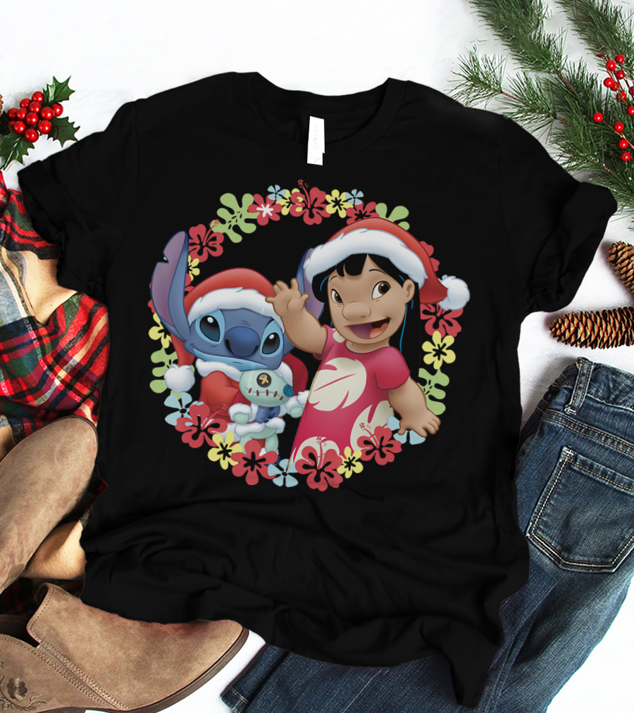 Disney Lilo And Stitch Christmas Santa Hats Hawaiian Flower Wreath T-Shirt