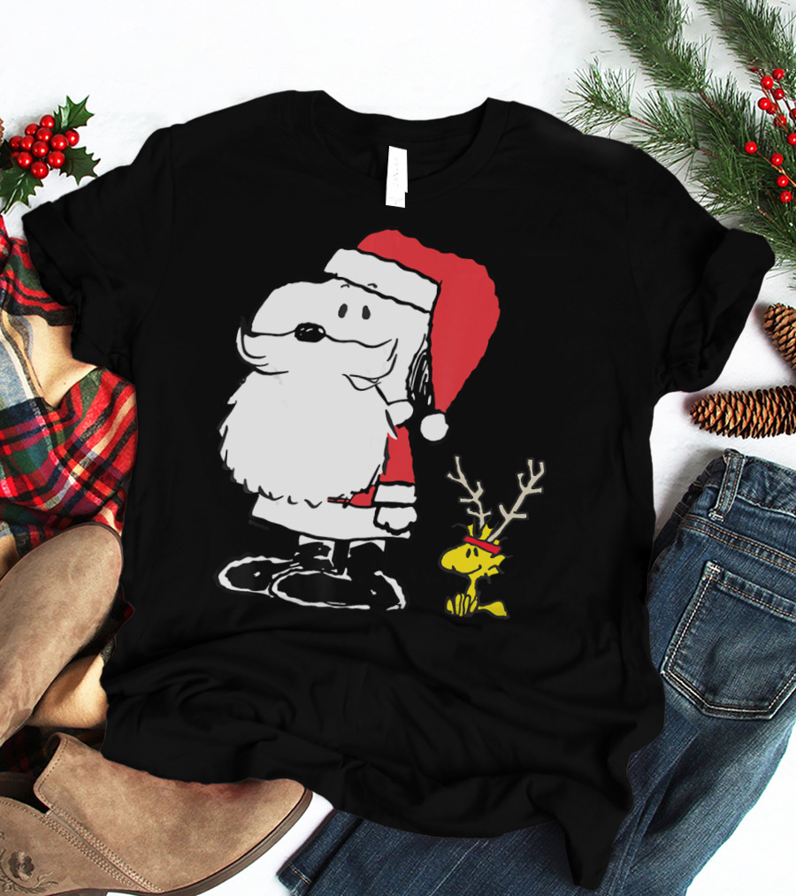 Peanuts Snoopy And Woodstock In Santa And Antlers Holiday Shop T-Shirt