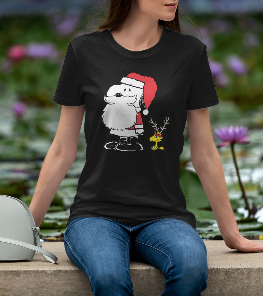 Peanuts Snoopy And Woodstock In Santa And Antlers Holiday Shop T-Shirt