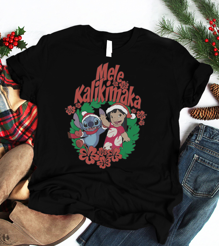 Mele Kalikimaka Lilo And Stitch Christmas Wreath Disney T-Shirt