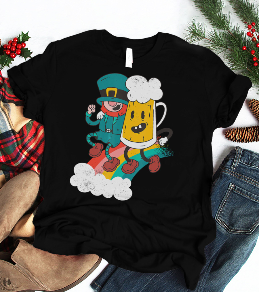 Leprechaun And Beer Besties Riding Rainbow With Clouds T-Shirt