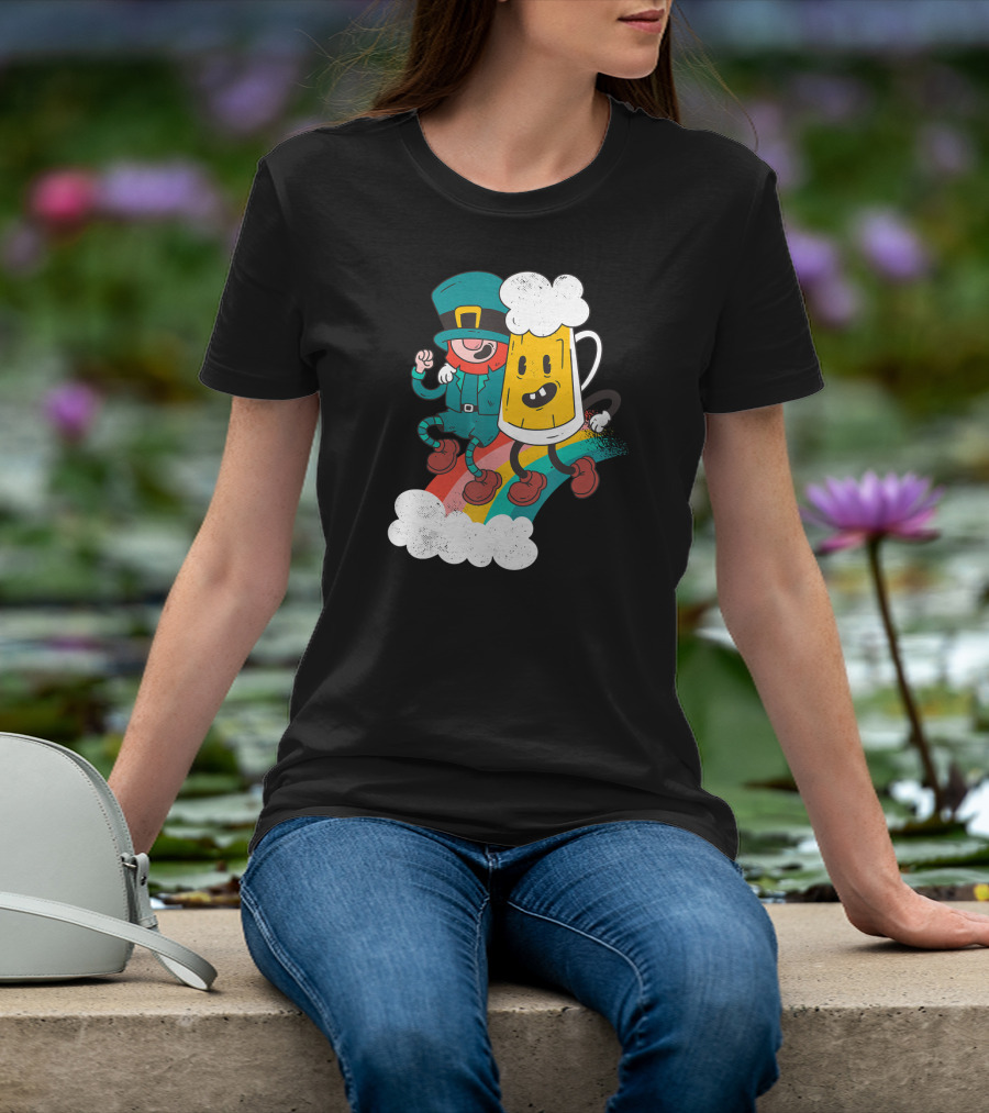 Leprechaun And Beer Besties Riding Rainbow With Clouds T-Shirt