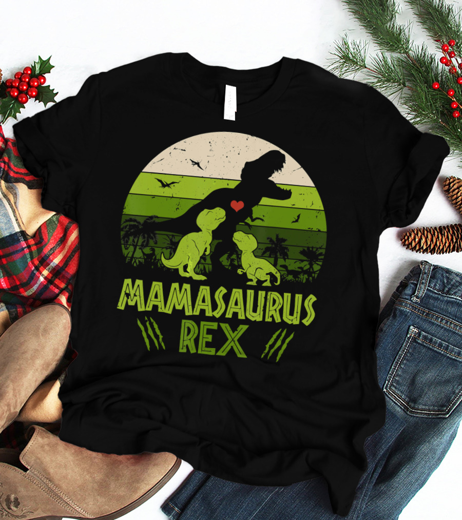 Mamasaurus Rex Dinosaur Lover Heart Jungle Scene With Two Kids T-Shirt