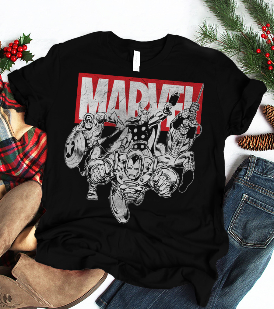 Marvel Avengers Captain America Thor Spider-Man Iron Man Grayscale T-Shirt