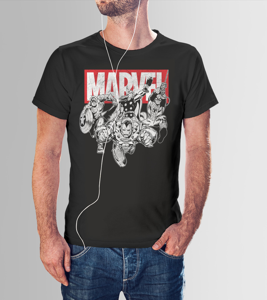 Marvel Avengers Captain America Thor Spider-Man Iron Man Grayscale T-Shirt