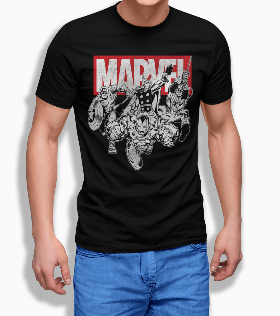 Marvel Avengers Captain America Thor Spider-Man Iron Man Grayscale T-Shirt