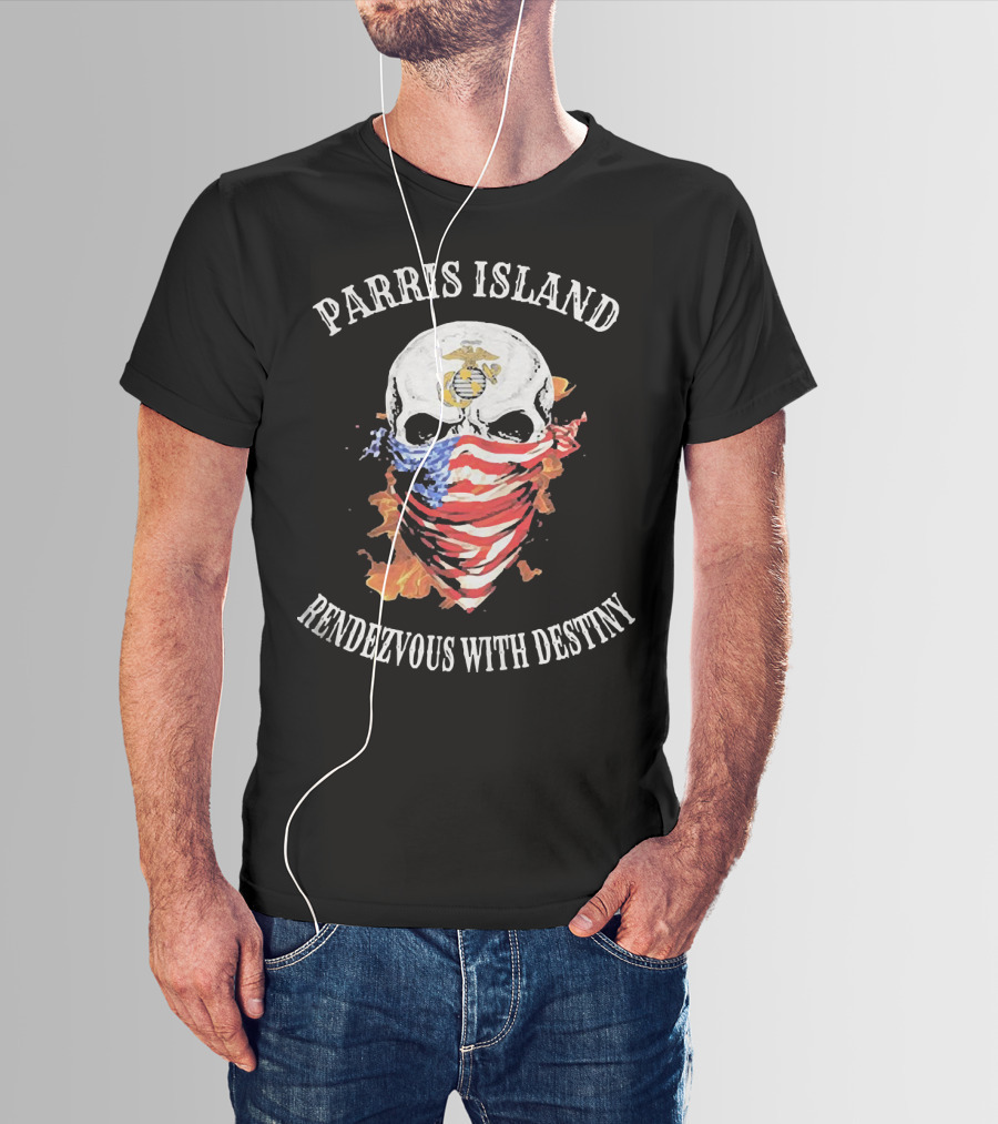 Parris Island Skull Mask Rendezvous With Destiny American Flag Flames T-Shirt