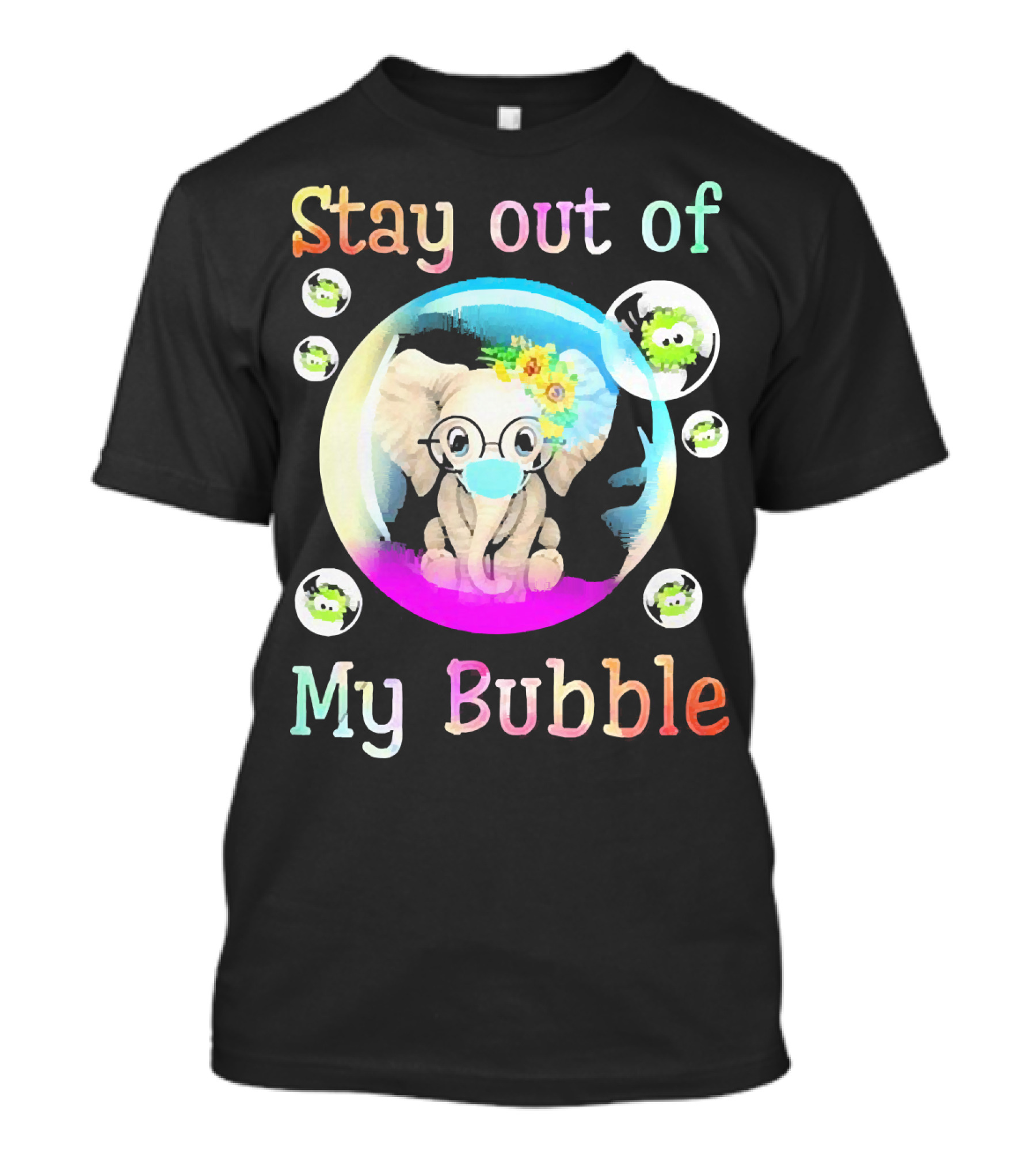 Stay Out Of My Bubble Elephant Cartoon With Face Mask And Virus Icons T-Shirt